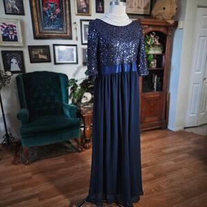 Ever-Pretty Navy Blue Sequin 3/4 Sleeve Chiffon Formal Maxi Dress Plus Size